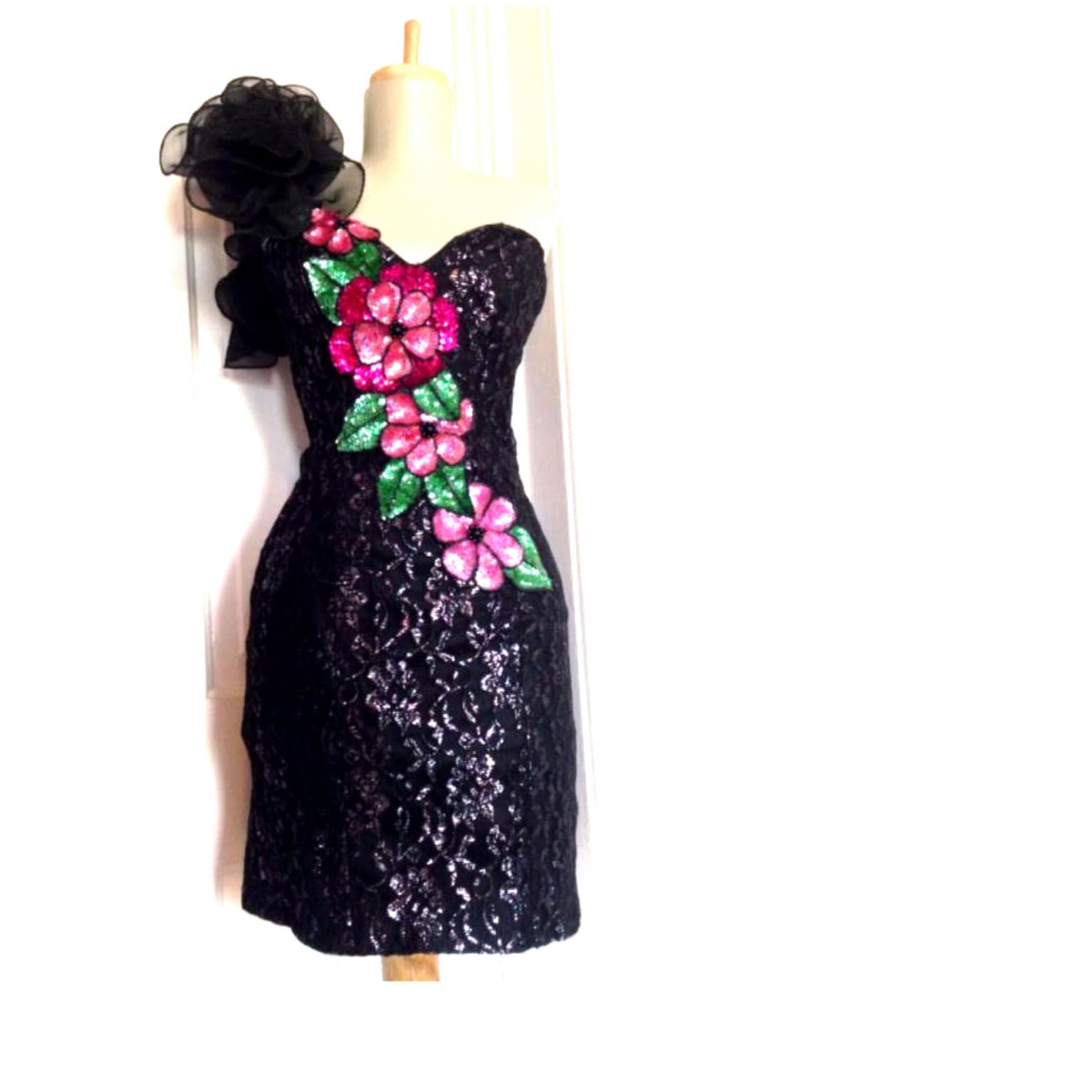 80's vintage PROM DRESS 90's prom dress metallic pink sequin cocktail dress with huge puffed shoulder bow and ruffles ruffled size small