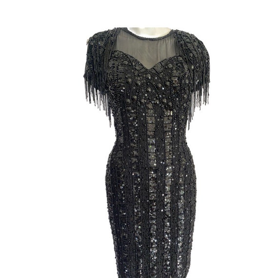 Vintage SHEER sequin dress, black beaded dress, r… - image 4