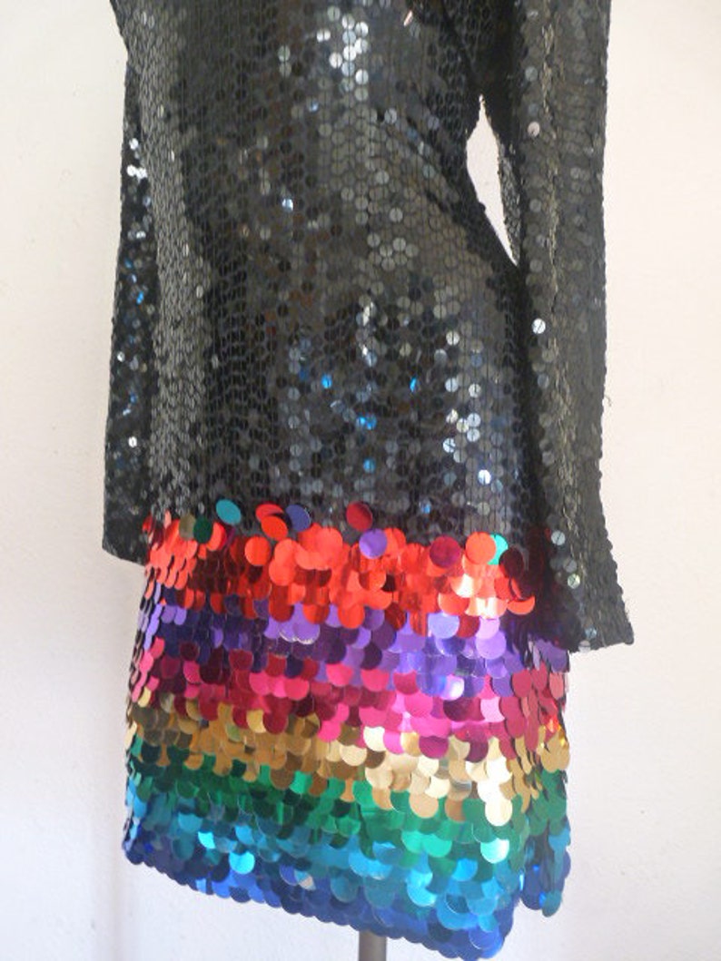 90s Vintage PROM DRESS Rainbow sequin dress beaded cocktail party dress Rainbow Prom Dress embellished pailette sequin dress keyhole back image 4