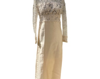 60s beaded silk dress, white wiggle dress, lace embellished sequin gown , full length size small