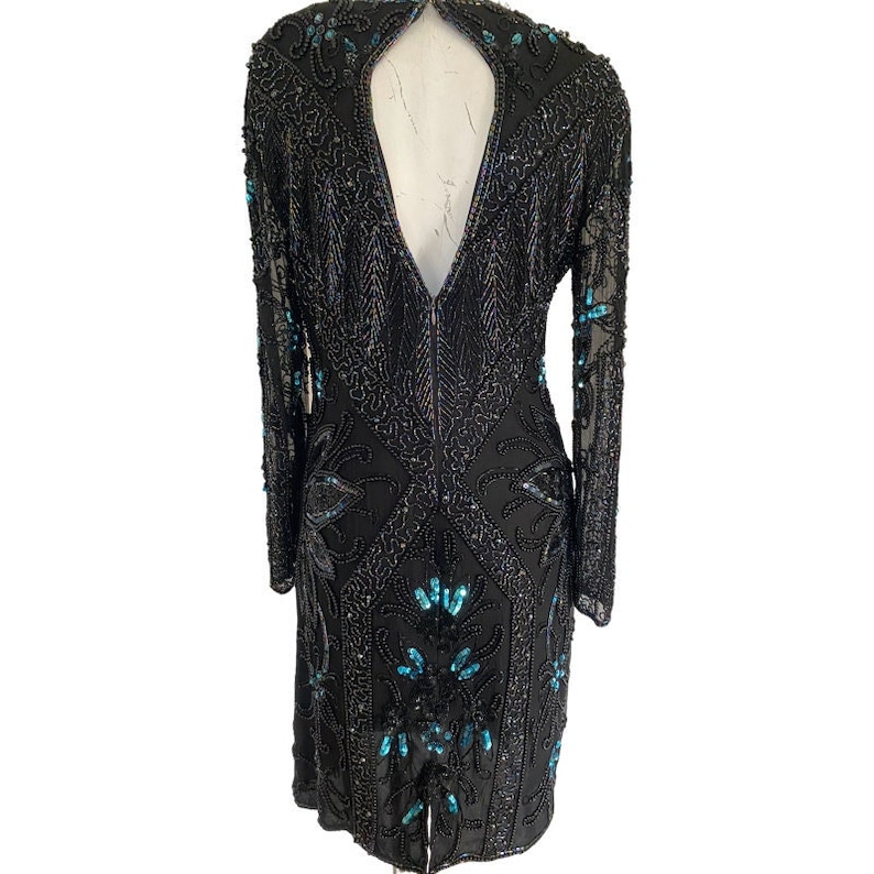 80s heavily embellished glass bead gown, sequin black dress, blue turqouise beaded gown, keyhole back cocktail dress medium m 10 / 12 image 1
