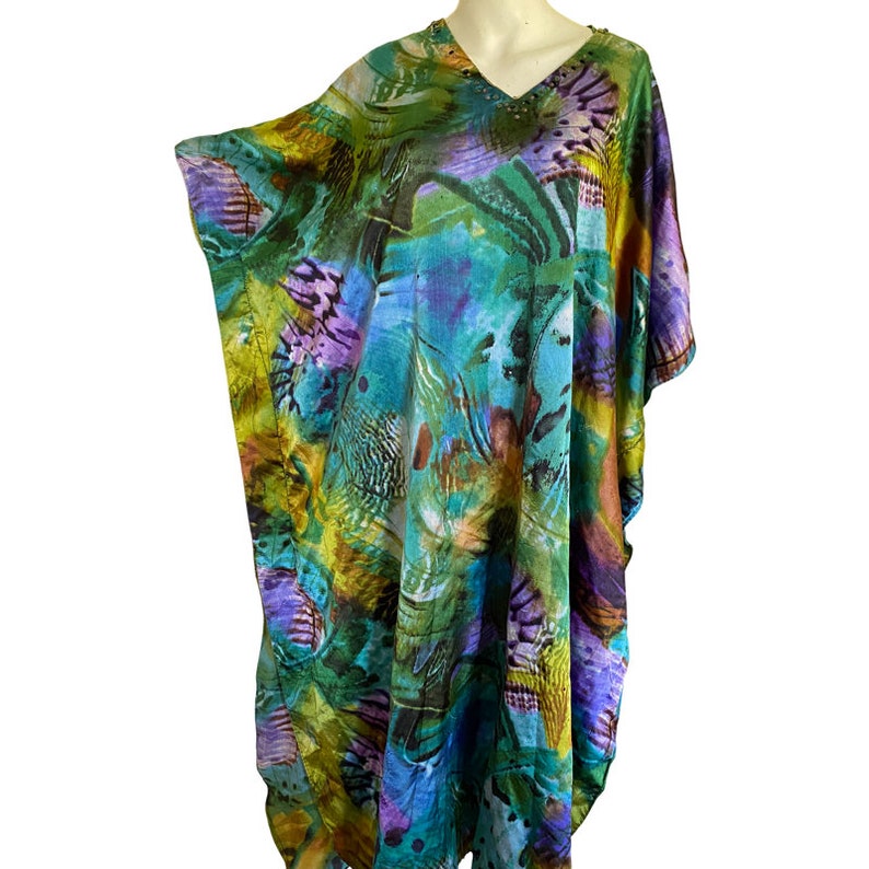 Vintage Kaftan Tie Dye CAFTAN bright green purple blue Art Deco color, abstract print kimono free fit size s m l image 6