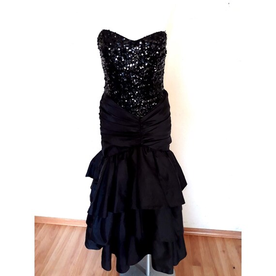 1980's Vintage PROM DRESS, black sequin prom dress