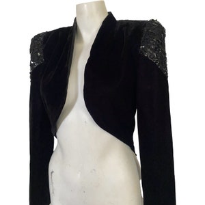 90's Vintage black tuxedo top jacket, women's tuxedo jacket, sequin lace jacket w/ butler tail, black tie cocktail dress blouse size small s image 2