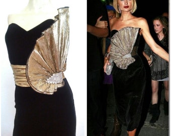 80's Designer Vintage gold fan Dress as seen on PARIS Hilton, embellished rhinestone gold dress, strapless avant garde gown, gala Xs small