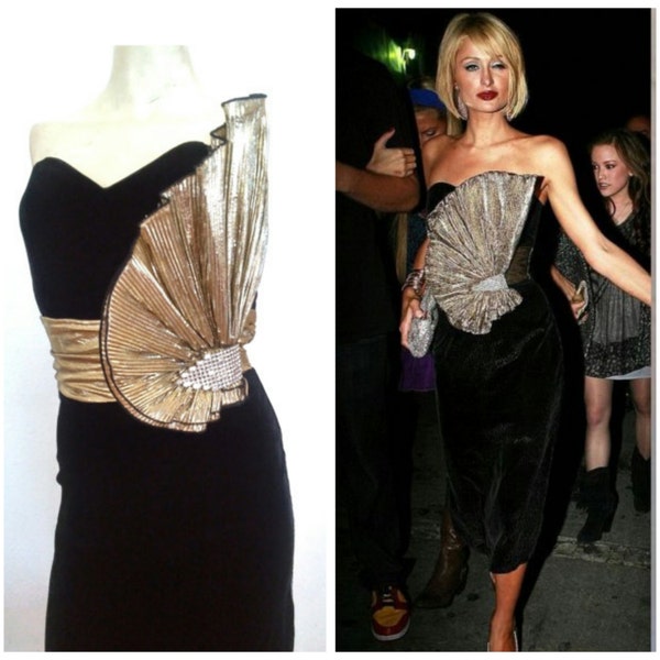 MET Gala Gown 80's Designer Vintage gold fan Dress seen onPARIS Hilton, embellished gold dress, strapless avant garde gown, gala Xs small