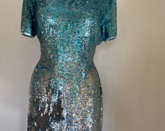 Vintage NAEEM KHAN sequin DRESS beaded sequin cocktail dress mint green silver sequin dress, nye sequin cocktail dress size small / medium