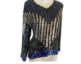 Vintage beaded sequin top, silver beaded top, striped cocktail blouse top, gold sequin dress top, 80s sequin top, size xl l