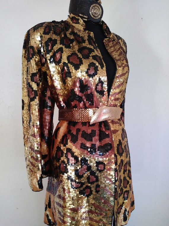 1980's VINTAGE Gold Sequin DUSTER Cheetah print Ja