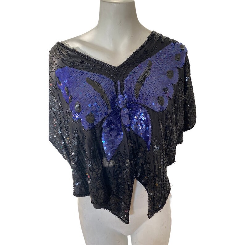 90s Y2k Vintage sequin BUTTERFLY TOP, purple beaded butterfly shirt, festival fashion top, disco party top, festival top s m l image 1