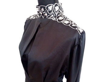 Women's VINTAGE black VICTORIAN blouse top, silver sequin embellished top, high neck secretary blouse top eur 40 large L