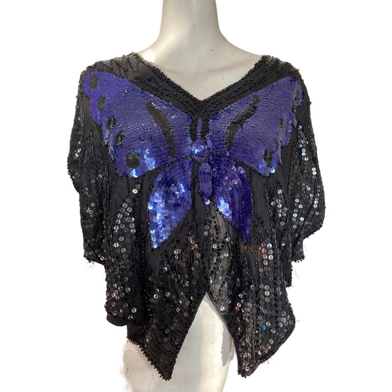 90s Y2k Vintage sequin BUTTERFLY TOP, purple beaded butterfly shirt, festival fashion top, disco party top, festival top s m l image 5