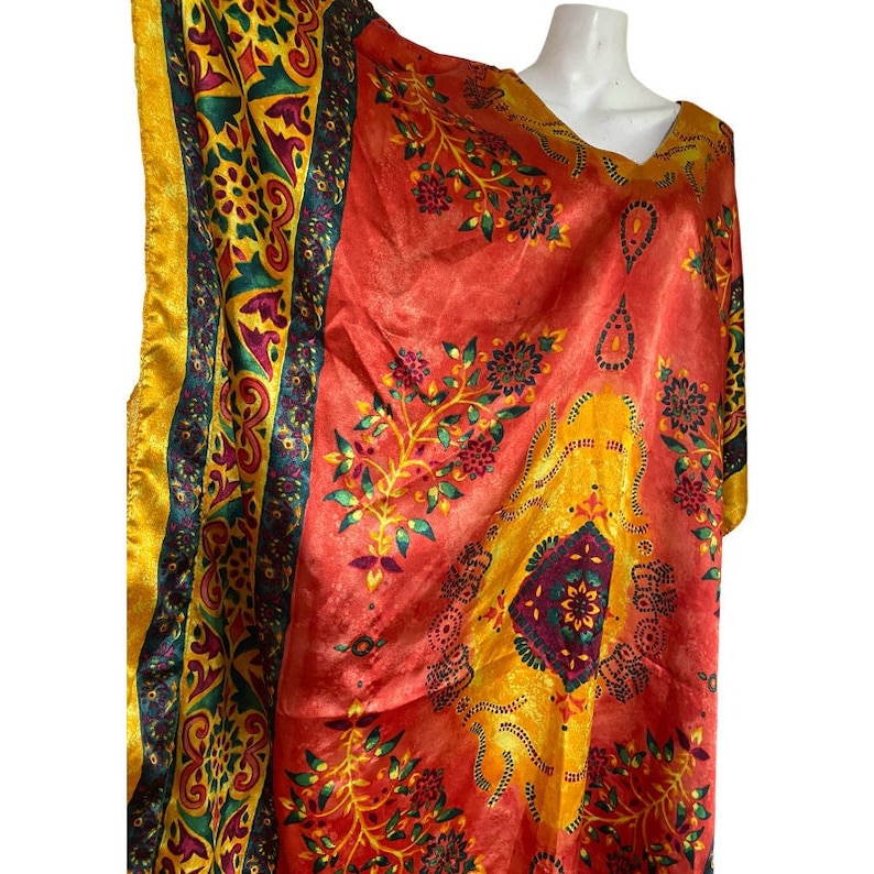 Vintage Kaftan orange CAFTAN bright yellow sunset color Art Deco color, abstract print kimono free fit size s m l image 2