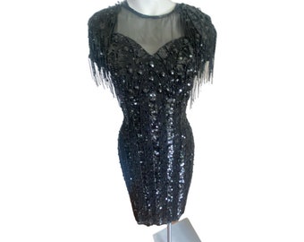 Vintage SHEER sequin dress, black beaded dress, retro cocktail party dress, flapper fringe dress, great gatsby dress XS 2 / 4