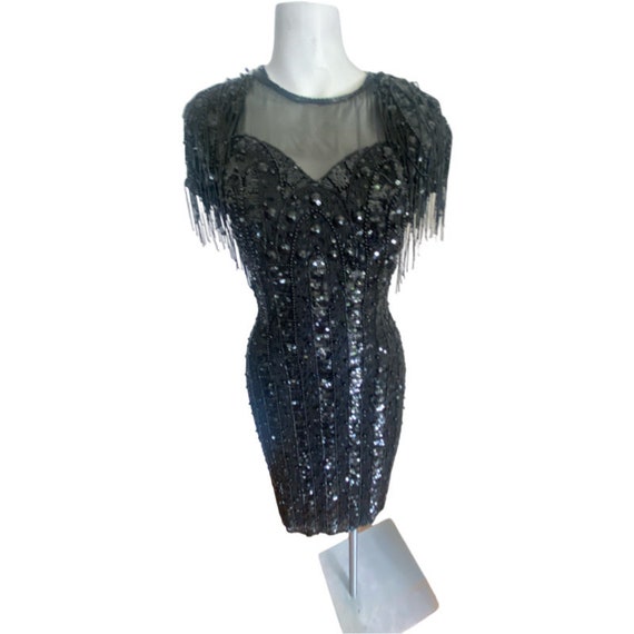 Vintage SHEER sequin dress, black beaded dress, r… - image 1