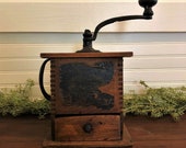 Antique Wood and Cast Iron Large Primitive Coffee Grinder Kitchen Decor