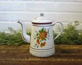 Vintage French White Enamel Orange Yellow Flowers Coffee Pot Tea Pot