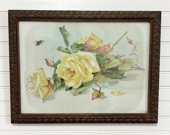 Antique framed Catharina (Catherine) Klein floral rose with bee Lithograph