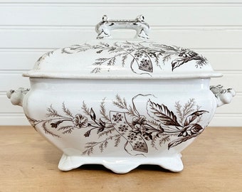 Antique brown transferware Spray T. Furnival and Son ironstone footed square tureen with lid