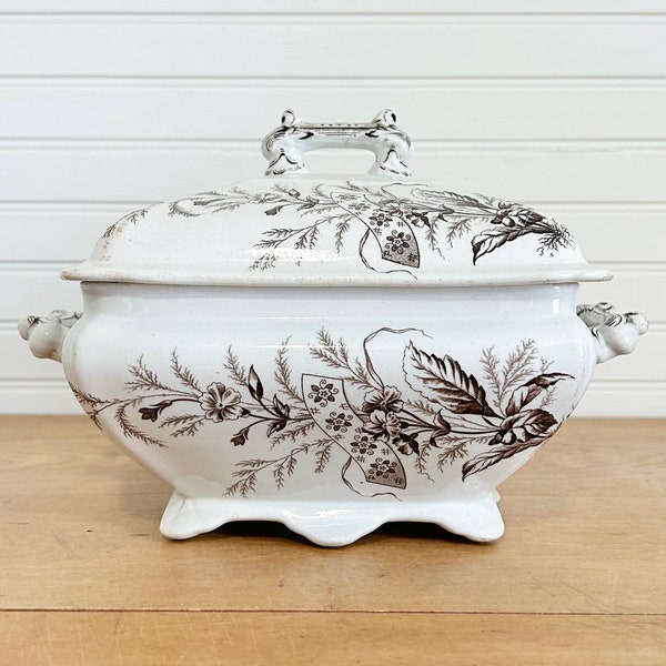 Antique brown transferware Spray T. Furnival and Son ironstone footed square tureen with lid
