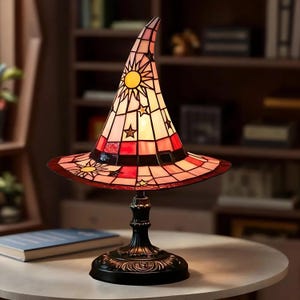 Stained Glass Effect Witch Hat Lamp: Gothic Halloween Decor