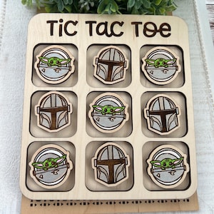 The child and mando nerd space wars hand painted   wood  tic tac toe board handmade