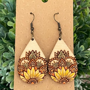 Boho dangle drop maple lightweight  wood painted earring boho style