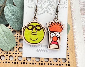 Teacher science cute beeker and Bunsen , light weight handpainted, woodearrings with nickel free posts muppets