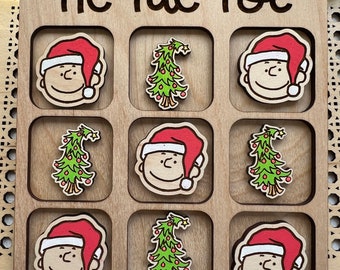 Comic character  Christmas with Santa hat and tree  hand painted wood tic tac toe board