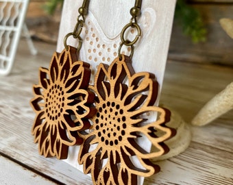 Boho earrings -sunflower-wood earrings-laser cut earrings-bohemian earrings-hippie chic