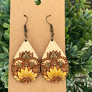 Boho dangle drop maple lightweight  wood painted earring boho style