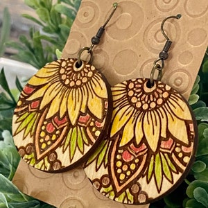 Hand painted mandala sunflower wood earrings