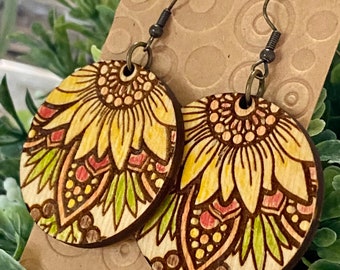 Hand painted mandala sunflower wood earrings