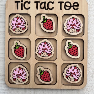strawberry tic tac toe board all hand painted wood measures 6 inches pieces measure 1.4 pick 2 characters