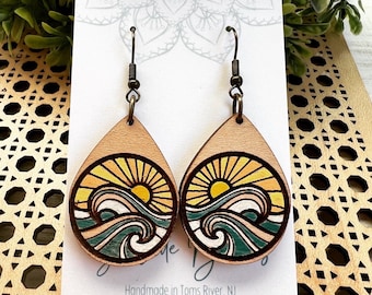 Ocean waves beach sunrise hand painted wood dangle earring boho style