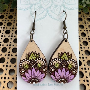 Sunflower wood painted dangle mandala earring boho style purple lightweight nickel free posts