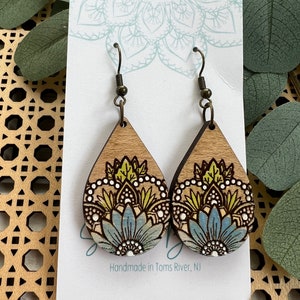 Sunflower wood painted dangle mandala earring boho style blue