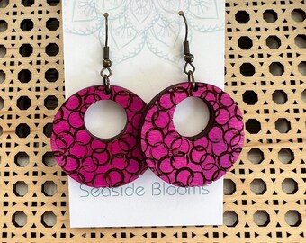 Bright magenta circles hand painted lightweight wood earrings