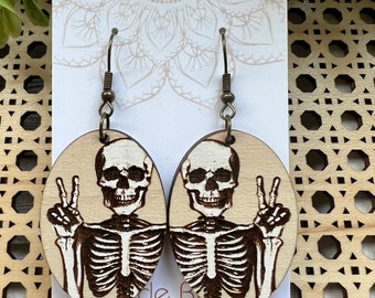 Skeleton hand painted lightweight wood earring s