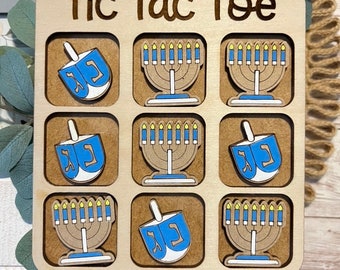 Hanukkah dreidel menorah handpainted wood tic tac toe board