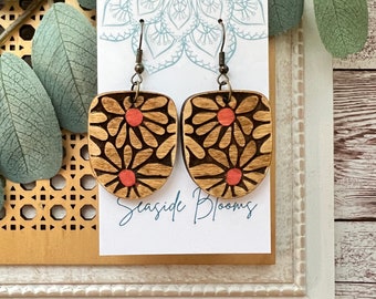 boho hand painted flower lightweight maple wood earrings with nickel free posts