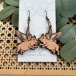 Pigs pigs fly lightweight  hand painted wood dangle earrings