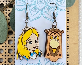 Princess in wonderland hand painted lightweight wood earrings with nickel free posts