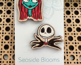 Halloween jack and sally nightmare Pin hand painted wood pin set