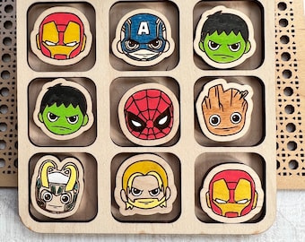 Superhero Cartoon characters  pick two characters  tic tac toe board wood handpainted 6 inch board  retro adult game