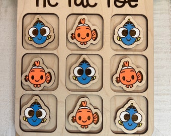 nemo dory  magical movie  hand painted maple    wood  tic tac toe board handmade 6 inch