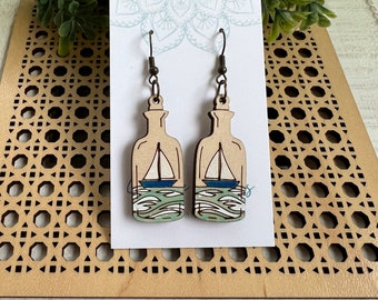 Beach sailboat hand  painted wood earrings lightweight