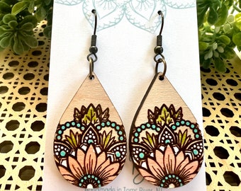 Sunflower wood painted dangle mandala earring boho style blush wood earrings jewelry