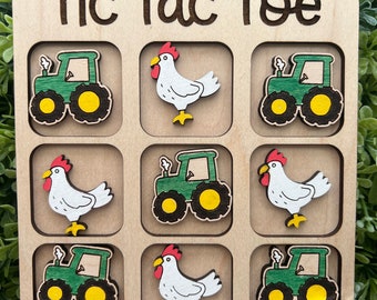 FarmFun for adults hand painted wood tic tac toe maple wood  board game measures 6 inches. pieces measure 1.4 inches