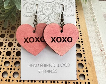 Valentine's Day candy heart hand painted lightweight wood earrings teacher gift